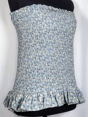 Smocked Strapless Floral Top Women Blue Ditsy Print Ruffle Hem Stretch Tube Top